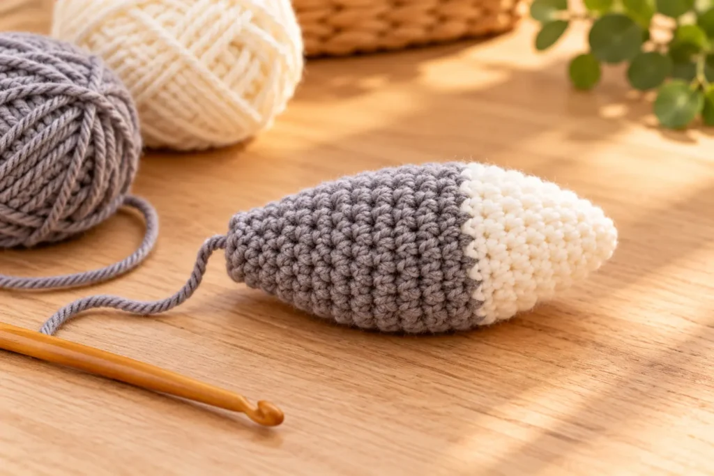 Handmade gray crochet wolf tail with a white tip before attachment.