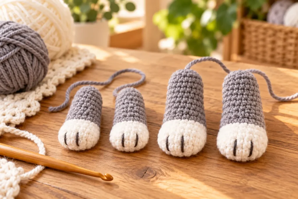 Four crocheted wolf arms and legs arranged for amigurumi assembly.