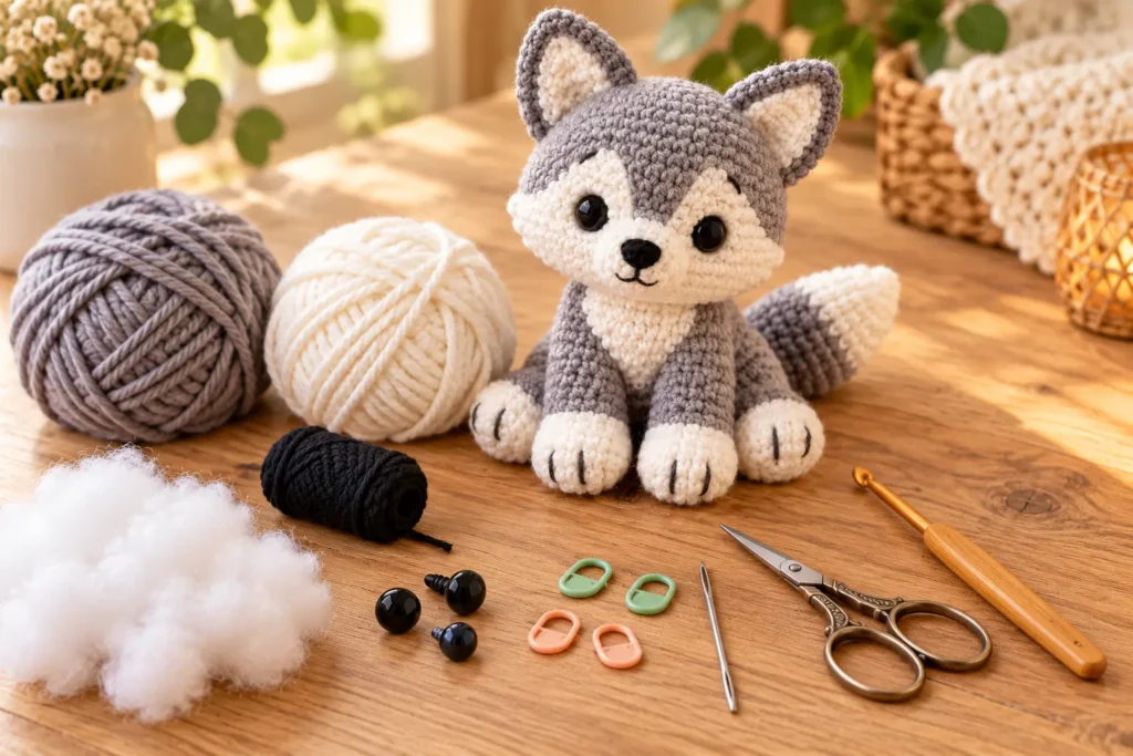 Finished gray and white wolf amigurumi beside yarn for a free crochet wolf pattern tutorial.