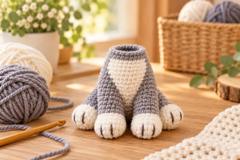 Gray crochet wolf body before attaching the head, arms, and legs.