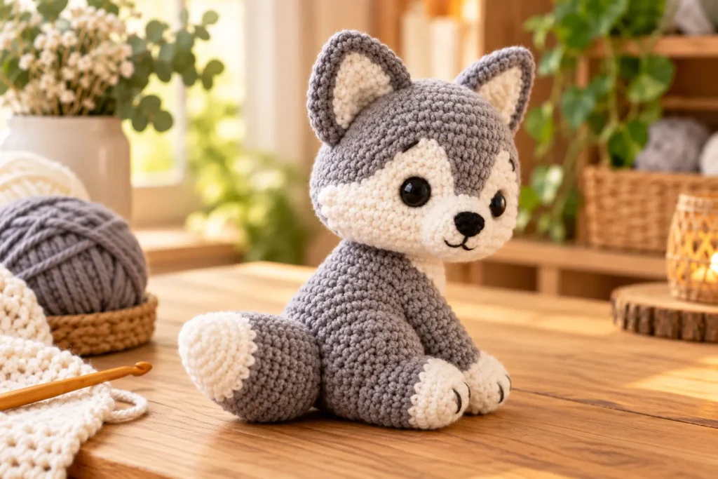 Finished gray and white wolf amigurumi beside yarn for a free crochet wolf pattern tutorial.