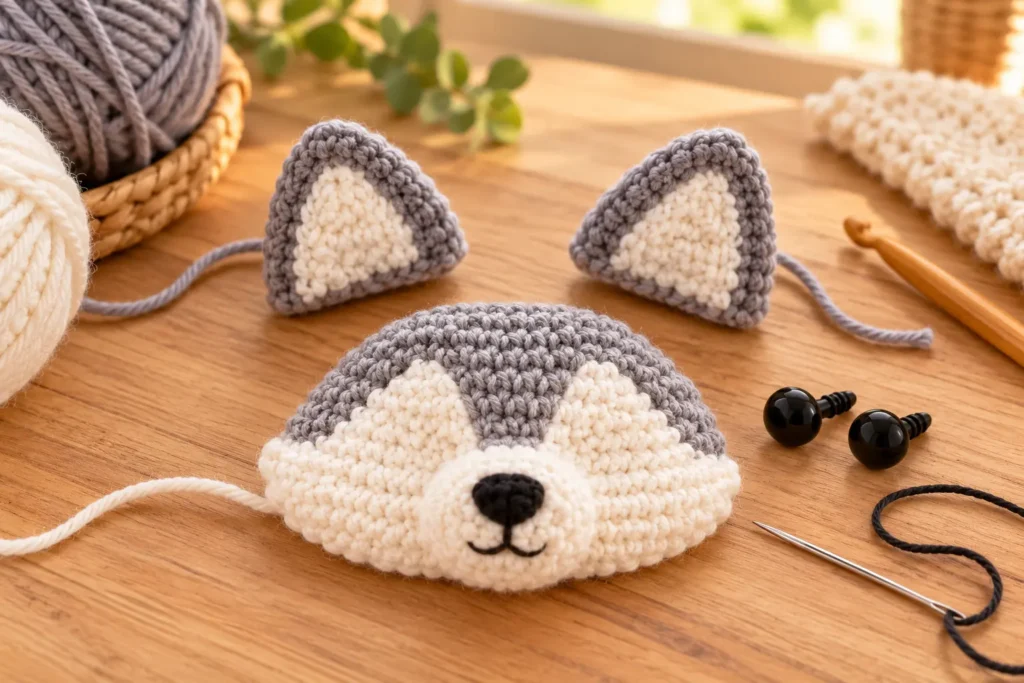 Crochet wolf head with separate muzzle and ear pieces ready for assembly.