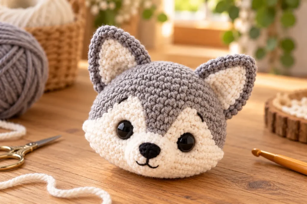 Finished gray and white wolf amigurumi beside yarn for a free crochet wolf pattern tutorial.