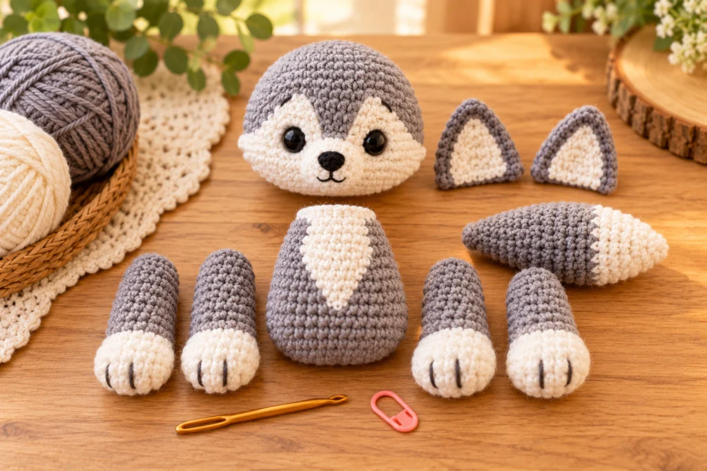 Separate crochet wolf amigurumi pieces arranged together before final assembly.