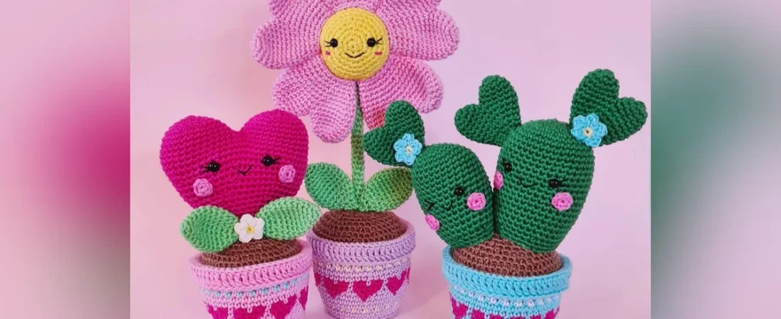 Free Crochet Plant Patterns: Flower Love Heart, Daisy & Cactus